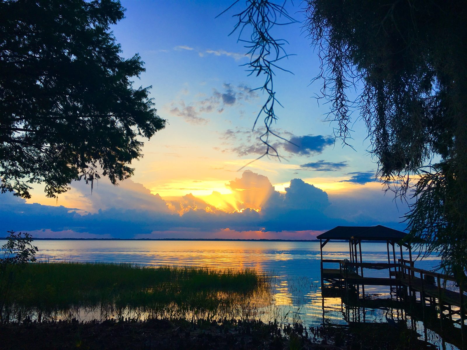 Sunset over a lake framed by oak branches and Spanish moss, with a covered boat dock at the shore